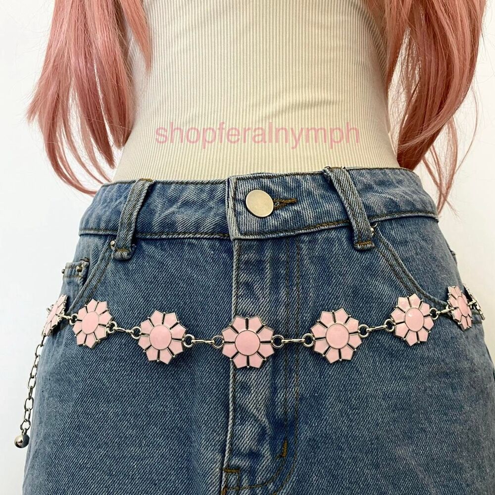 Silver Fairy Dopamine Pink Daisy Flower Chain Belt, Fits 24-37 Inches, X7GA1529